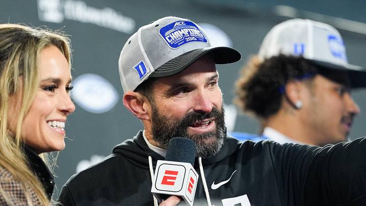 Dec 6, 2025; Charlotte, NC, USA; Duke Blue Devils head coach Manny Diaz takes questions after the game against the Virginia Cavaliers during the 2025 ACC Championship game at Bank of America Stadium. Mandatory Credit: Jim Dedmon-Imagn Images