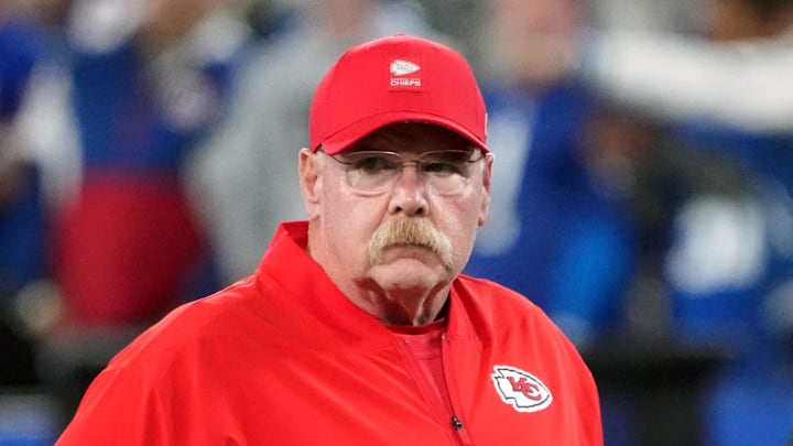 Sep 21, 2025; East Rutherford, New Jersey, USA; Kansas City Chiefs head coach Andy Reid looks on before the game against the New York Giants at MetLife Stadium. Mandatory Credit: Robert Deutsch-Imagn Images Sep 21, 2025; East Rutherford, New Jersey, USA; Kansas City Chiefs head coach Andy Reid looks on before the game against the New York Giants at MetLife Stadium. Mandatory Credit: Robert Deutsch-Imagn Images