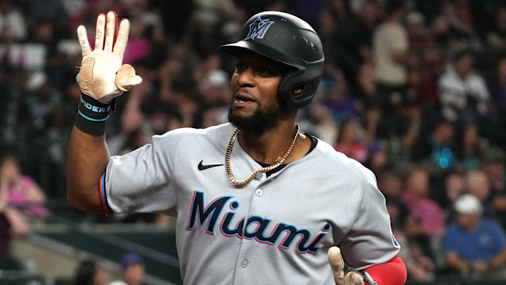 Jun 27, 2025; Phoenix, Arizona, USA; Miami Marlins second base Otto Lopez (6) celebrates after hitting a two run home run against the Arizona Diamondbacks in the ninth inning at Chase Field. Mandatory Credit: Rick Scuteri-Imagn Images Jun 27, 2025; Phoenix, Arizona, USA; Miami Marlins second base Otto Lopez (6) celebrates after hitting a two run home run against the Arizona Diamondbacks in the ninth inning at Chase Field. Mandatory Credit: Rick Scuteri-Imagn Images
