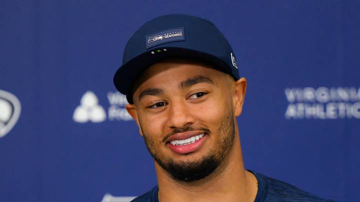 Seattle Seahawks wide receiver Jaxon Smith-Njigba speaks to the media
