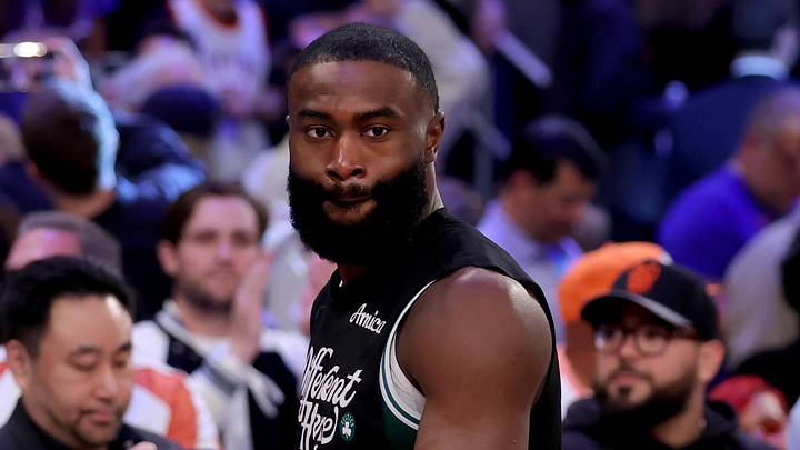 May 16, 2025; New York, New York, USA; Boston Celtics guard Jaylen Brown (7) walks off the court after losing to the New York Knicks in game six in the second round of the 2025 NBA Playoffs at Madison Square Garden. Mandatory Credit: Brad Penner-Imagn Images