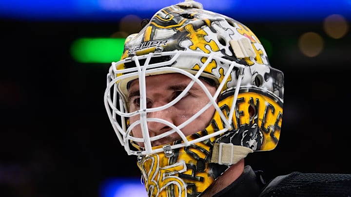 Sep 24, 2023; Boston, Massachusetts, USA; Former Western Michigan goaltender Brandon Bussi, pictued here in a 2023 preseason game with the Boston Bruins, has finally made an NHL roster with the Carolina Panthers. Sep 24, 2023; Boston, Massachusetts, USA; Former Western Michigan goaltender Brandon Bussi, pictued here in a 2023 preseason game with the Boston Bruins, has finally made an NHL roster with the Carolina Panthers.