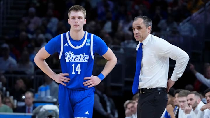 Mar 22, 2025; Wichita, KS, USA; Drake Bulldogs guard Bennett Stirtz (14) talks with head coach Ben McCollum during the second half at Intrust Bank Arena. Mandatory Credit: Kirby Lee-Imagn Images Mar 22, 2025; Wichita, KS, USA; Drake Bulldogs guard Bennett Stirtz (14) talks with head coach Ben McCollum during the second half at Intrust Bank Arena. Mandatory Credit: Kirby Lee-Imagn Images
