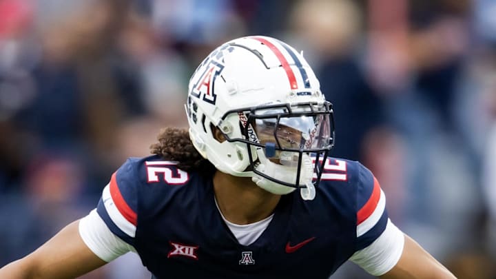 Nov 22, 2025; Tucson, Arizona, USA; Arizona Wildcats defensive back Genesis Smith (12) against the Baylor Bears at Casino Del Sol Stadium. Mandatory Credit: Mark J. Rebilas-Imagn Images