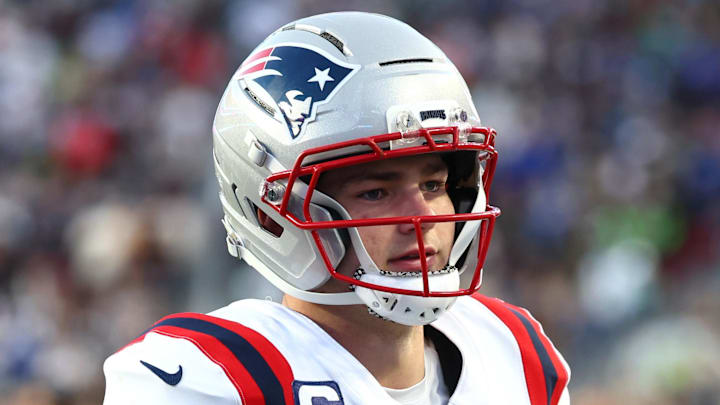 Feb 8, 2026; Santa Clara, CA, USA; New England Patriots quarterback Drake Maye (10) leaves the field at halftime against the Seattle Seahawks in Super Bowl LX at Levi's Stadium. Mandatory Credit: Mark J. Rebilas-Imagn Images