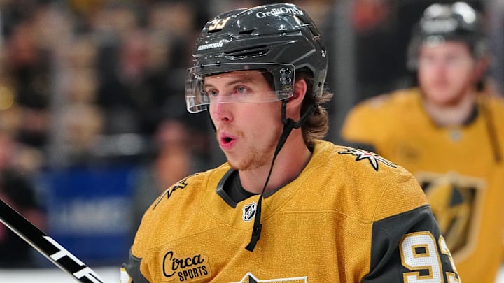 May 12, 2026; Las Vegas, Nevada, USA; Vegas Golden Knights right wing Mitch Marner (93) warms up before the start of game five against the Anaheim Ducks in the second round of the 2026 Stanley Cup Playoffs at T-Mobile Arena. Mandatory Credit: Stephen R. Sylvanie-Imagn Images