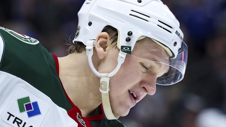 Mar 24, 2026; Tampa, Florida, USA; Minnesota Wild left wing Kirill Kaprizov (97) reacts after a goal by the Tampa Bay Lightning in the third period at Benchmark International Arena. Mandatory Credit: Nathan Ray Seebeck-Imagn Images