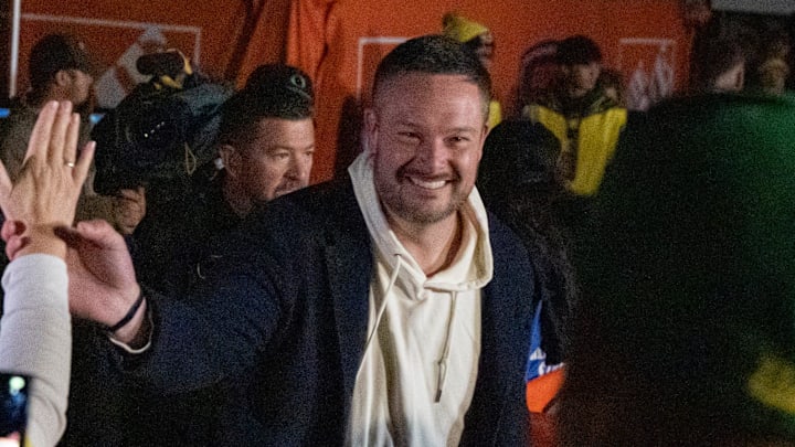 Oregon head coach Dan Lanning departs during ESPN’s “College GameDay” on the campus of the University of Oregon on Oct. 11, 2025, in Eugene, Oregon.