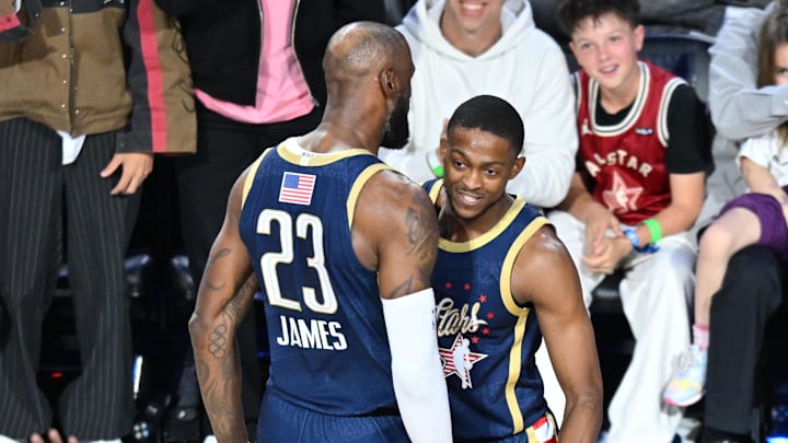 Feb 15, 2026; Inglewood, California, USA; Team USA Stripes guard De'Aaron Fox of the San Antonio Spurs (4) celebrates with forward LeBron James (23) of the Los Angeles Lakers after scoring a game winning shot in game two against Team Stars during the 75th NBA All Star Game at Intuit Dome. Mandatory Credit: William Liang-Imagn Images Feb 15, 2026; Inglewood, California, USA; Team USA Stripes guard De'Aaron Fox of the San Antonio Spurs (4) celebrates with forward LeBron James (23) of the Los Angeles Lakers after scoring a game winning shot in game two against Team Stars during the 75th NBA All Star Game at Intuit Dome. Mandatory Credit: William Liang-Imagn Images