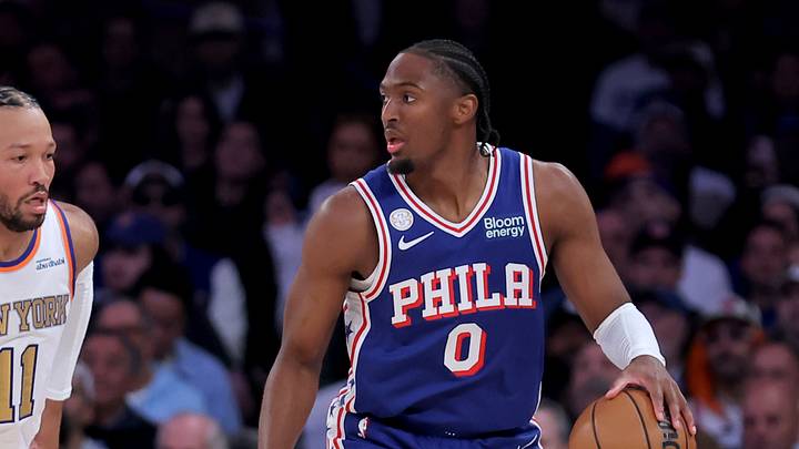 Philadelphia 76ers guard Tyrese Maxey (0) controls the ball against New York Knicks guard Jalen Brunson (11) during the first quarter at Madison Square Garden. Mandatory Credit: Brad Penner-Imagn Images