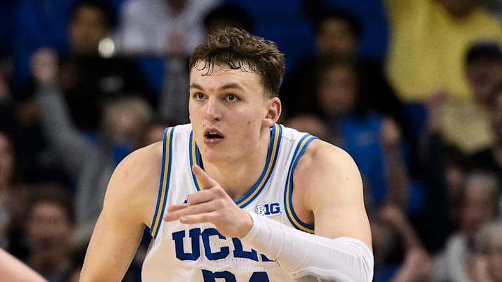 Mar 3, 2026; Los Angeles, California, USA; UCLA Bruins forward Tyler Bilodeau (34) points to teammates after hitting a 3-point jumpshot during the second half at Pauley Pavilion presented by Wescom Financial. Mandatory Credit: Robert Hanashiro-Imagn Images