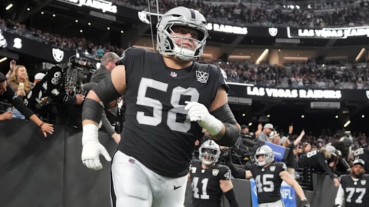 Dec 22, 2024; Paradise, Nevada, USA; Las Vegas Raiders guard Jackson Powers-Johnson (58) enters the field before the game against the Jacksonville Jaguars at Allegiant Stadium. Mandatory Credit: Kirby Lee-Imagn Images Dec 22, 2024; Paradise, Nevada, USA; Las Vegas Raiders guard Jackson Powers-Johnson (58) enters the field before the game against the Jacksonville Jaguars at Allegiant Stadium. Mandatory Credit: Kirby Lee-Imagn Images