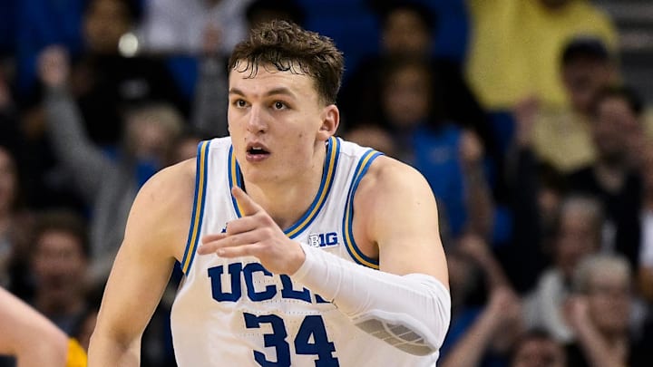 Mar 3, 2026; Los Angeles, California, USA; UCLA Bruins forward Tyler Bilodeau (34) points to teammates after hitting a 3-point jumpshot during the second half at Pauley Pavilion presented by Wescom Financial. Mandatory Credit: Robert Hanashiro-Imagn Images