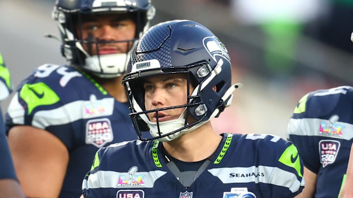 Seattle Seahawks place kicker Jason Myers reacts with teammates after kicking a field goal against the New England Patriots.