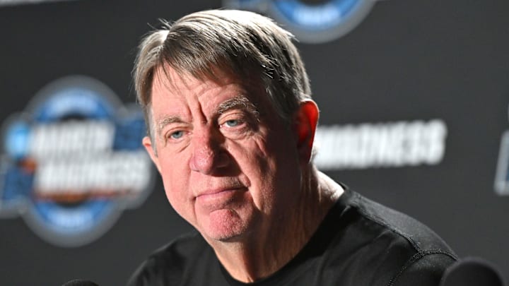 Mar 27, 2025; Spokane, WA, USA; NC State Wolfpack head coach Wes Moore talks with media during an NCAA Tournament practice session at Spokane Arena. Mandatory Credit: James Snook-Imagn Images