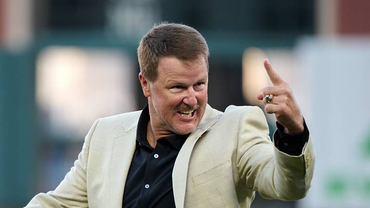 San Francisco, California, USA; Former San Francisco Giants player Jeff Kent reacts during a ceremony honoring his MLB Hall of Fame induction before a game against the Arizona Diamondbacks at Oracle Park. Mandatory Credit: Robert Edwards-Imagn Images