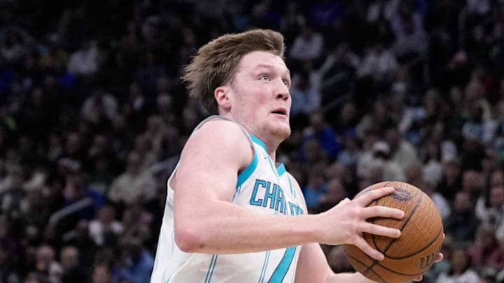 Nov 14, 2025; Milwaukee, Wisconsin, USA;  Charlotte Hornets guard Kon Knueppel (7) drives for the basket during the second quarter against the Milwaukee Bucks at Fiserv Forum. Mandatory Credit: Jeff Hanisch-Imagn Images