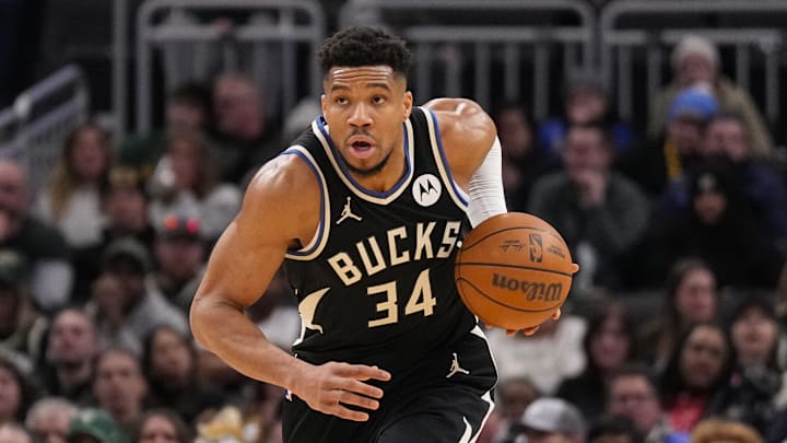 Jan 23, 2026; Milwaukee, Wisconsin, USA;  Milwaukee Bucks forward Giannis Antetokounmpo (34) during the game against the Denver Nuggets at Fiserv Forum. Mandatory Credit: Jeff Hanisch-Imagn Images