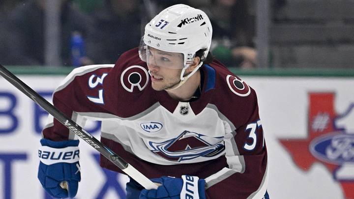 Apr 4, 2026; Dallas, Texas, USA; Colorado Avalanche defenseman Nick Blankenburg (37)  skates against the Dallas Stars during the game between the Stars and the Avalanche at American Airlines Center. Mandatory Credit: Jerome Miron-Imagn Images