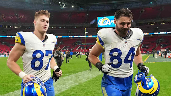 Oct 19, 2025; London, United Kingdom; Los Angeles Rams tight end Davis Allen (87) and tight end Colby Parkinson (84) leave the field after a NFL International Series game against the Jacksonville Jaguars at Wembley Stadium. Mandatory Credit: Kirby Lee-Imagn Images