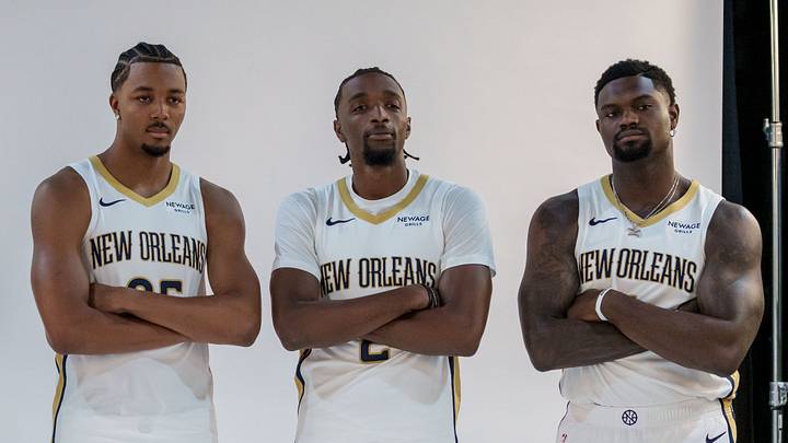Sep 28, 2026; New Orleans Pelicans forward Saddiq Bey (41), forward Trey Murphy III (25), guard/forward Herb Jones (2), and forward Zion Williamson (1) pose during media day in the Smoothie King Center in New Orleans, LA, USA; Mandatory Credit: Matthew Hinton-Imagn Images Sep 28, 2026; New Orleans Pelicans forward Saddiq Bey (41), forward Trey Murphy III (25), guard/forward Herb Jones (2), and forward Zion Williamson (1) pose during media day in the Smoothie King Center in New Orleans, LA, USA; Mandatory Credit: Matthew Hinton-Imagn Images