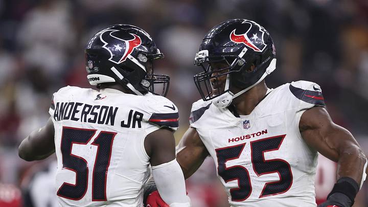 Sep 15, 2025; Houston, Texas, USA; Houston Texans defensive end Will Anderson Jr. (51) celebrates with defensive end Danielle Hunter (55) after a defensive play during the fourth quarter against the Tampa Bay Buccaneers at NRG Stadium. Mandatory Credit: Troy Taormina-Imagn Images