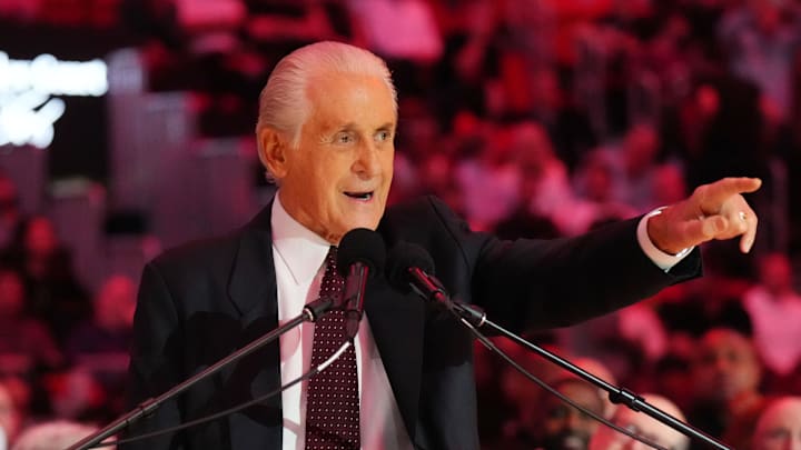 Miami Heat president Pat Riley addresses the crowd during the Pat Riley Court dedication ceremony at halftime at Kaseya Center on October 23, 2024. 