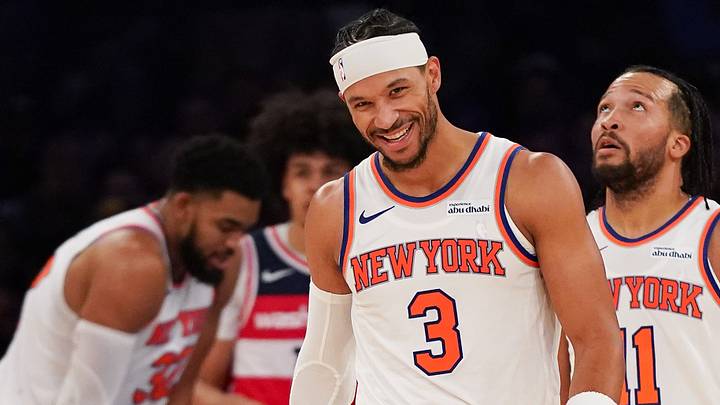 Nov 3, 2025; New York, New York, USA; New York Knicks guard Josh Hart (3) reacts alongside teammates during the second half against the Washington Wizards at Madison Square Garden. Mandatory Credit: Lucas Boland-Imagn Images