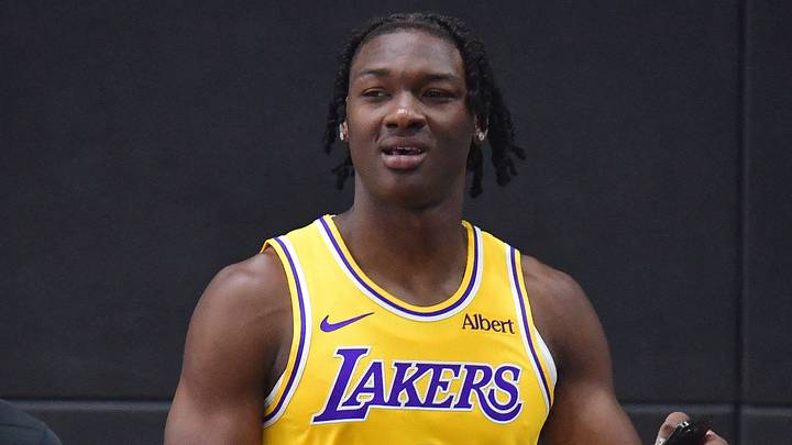 Sep 28, 2026; El Segundo, CA, USA; Los Angeles Lakers player Adou Thiero (1) during media day at UCLA Health Training Center.  Mandatory Credit: Gary A. Vasquez-Imagn Images