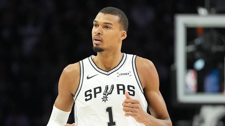 May 15, 2026; Minneapolis, Minnesota, USA; San Antonio Spurs forward Victor Wembanyama (1) looks on again the Minnesota Timberwolves in the first half during game six of the second round of the 2026 NBA Playoffs at Target Center. Mandatory Credit: Jesse Johnson-Imagn Images