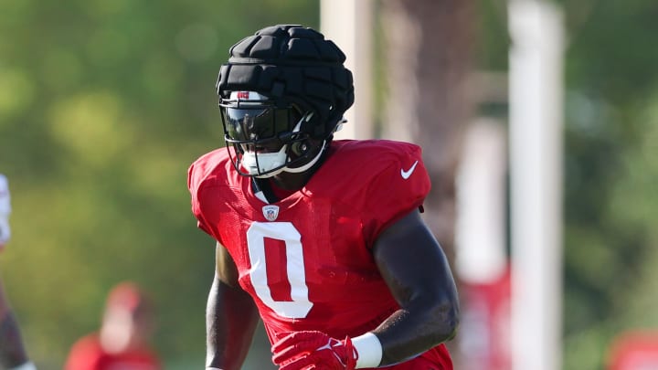 Aug 3, 2023; Tampa Bay, FL, USA;  Tampa Bay Buccaneers linebacker Yaya Diaby (0) participates in training camp at AdventHealth Training Center. Mandatory Credit: Nathan Ray Seebeck-USA TODAY Sports