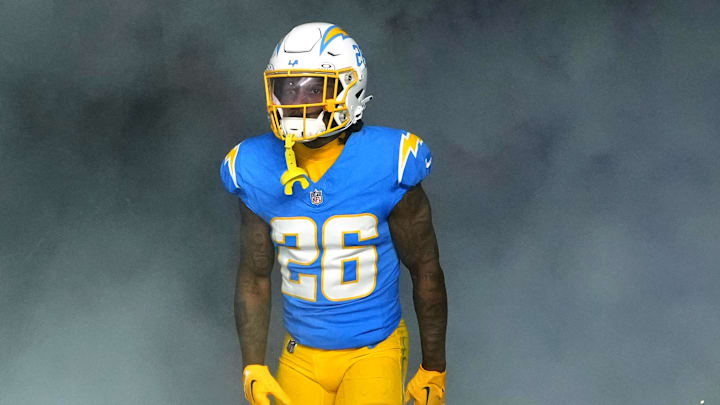 Dec 23, 2023; Inglewood, California, USA; Los Angeles Chargers cornerback Asante Samuel Jr. (26)  enters the field before the game against the Buffalo Bills at SoFi Stadium. Mandatory Credit: Kirby Lee-Imagn Images