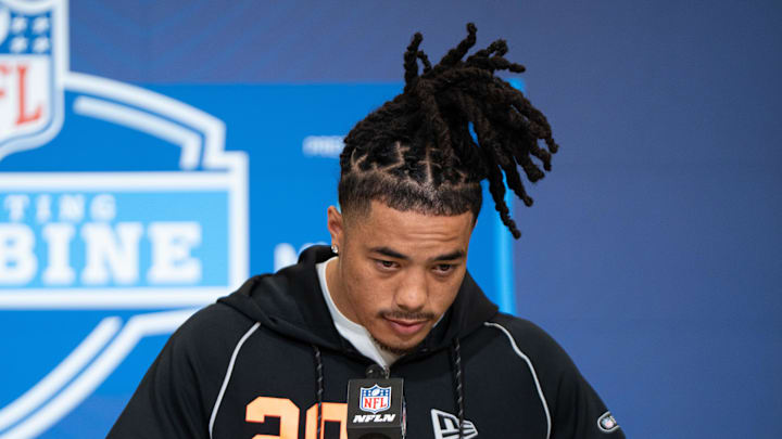 Feb 27, 2026; Indianapolis, IN, USA; Southern California wideout Makai Lemon (WO29) speaks to members of the media during the NFL Combine at the Indiana Convention Center. Mandatory Credit: Jacob Musselman-Imagn Images