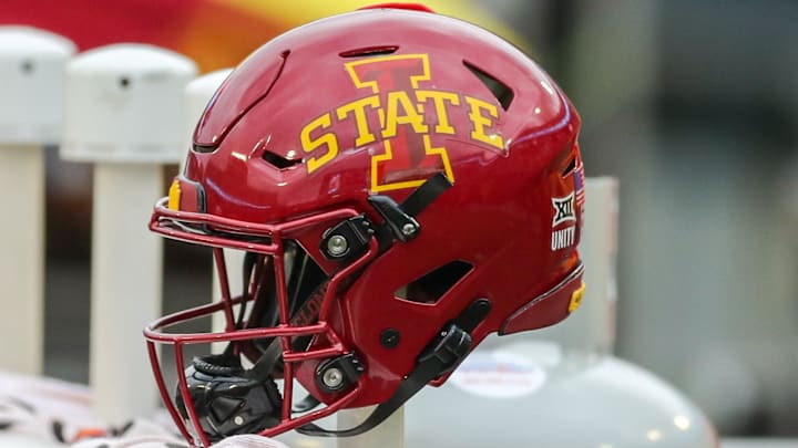 Oct 30, 2021; Morgantown, West Virginia, USA; An Iowa State Cyclones helmet on the bench during the third quarter against the West Virginia Mountaineers at Mountaineer Field at Milan Puskar Stadium.