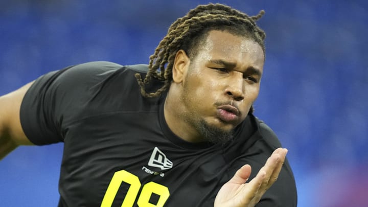 Feb 26, 2026; Indianapolis, IN, USA; Tennessee defensive lineman Bryson Eason (DL09) during the NFL Scouting Combine  at Lucas Oil Stadium. Mandatory Credit: Kirby Lee-Imagn Images