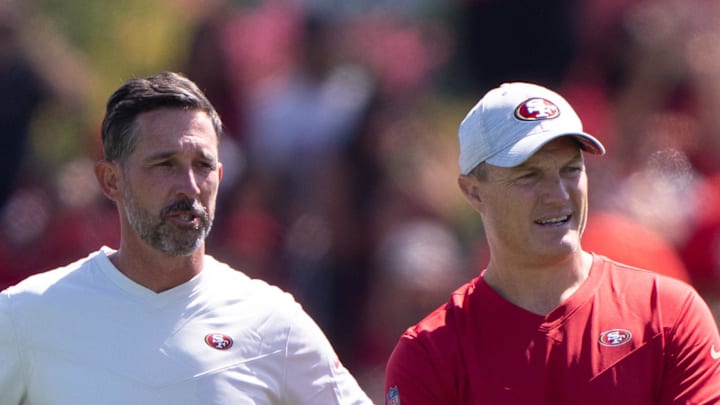 San Francisco 49ers head coach Kyle Shanahan (left) and general manager John Lynch.