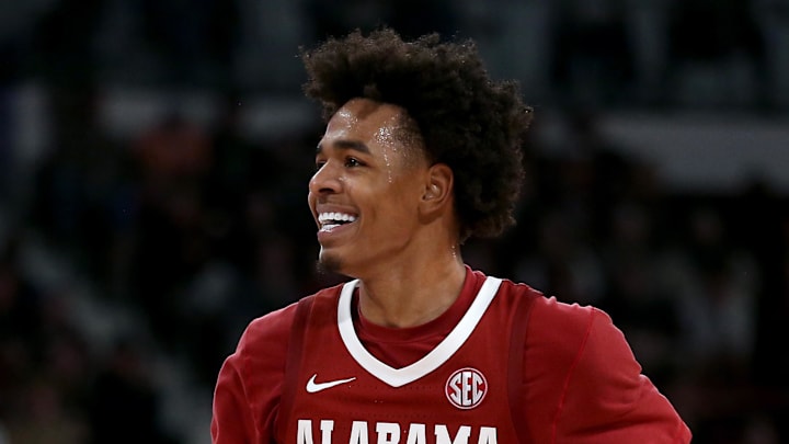 Alabama Crimson Tide guard Labaron Philon Jr. (0) reacts during the second half against the Mississippi State Bulldogs at Humphrey Coliseum on January 13, 2026.
