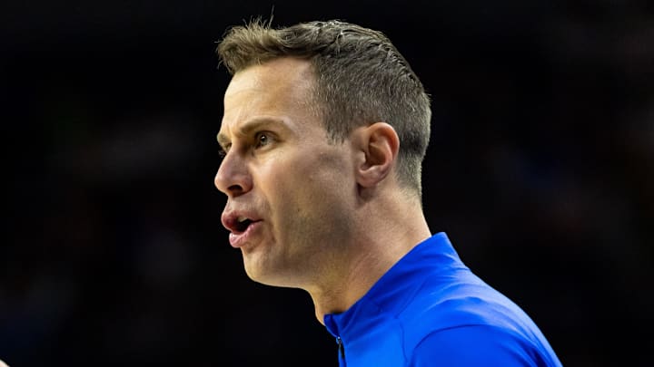 Feb 24, 2026; South Bend, Indiana, USA; Duke Blue Devils head coach Jon Scheyer calls a play against the Notre Dame Fighting Irish during the first half at Purcell Pavilion at the Joyce Center. Mandatory Credit: Michael Caterina-Imagn Images
