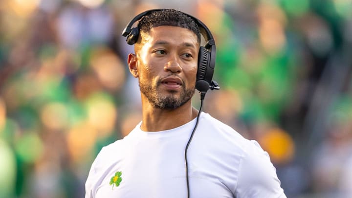 Notre Dame head coach Marcus Freeman looks to the sideline against the Boise State Broncos at Notre Dame Stadium. 