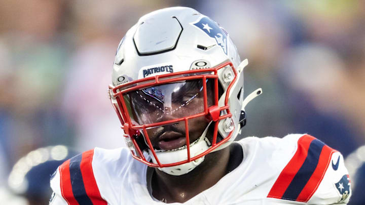 Feb 8, 2026; Santa Clara, CA, USA; New England Patriots defensive tackle Christian Barmore (90) against the Seattle Seahawks during Super Bowl LX at Levi's Stadium. Mandatory Credit: Mark J. Rebilas-Imagn Images