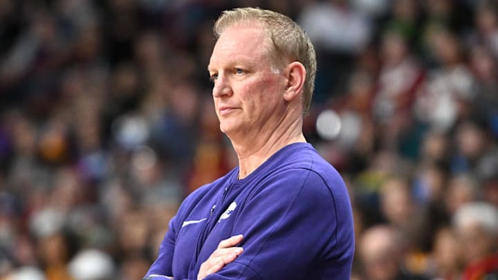 Kansas State Wildcats coach Jeff Mittie looks on against the USC Trojans during the first half of a Sweet 16 NCAA Tournament basketball game at Spokane Arena. at Spokane Arena. 