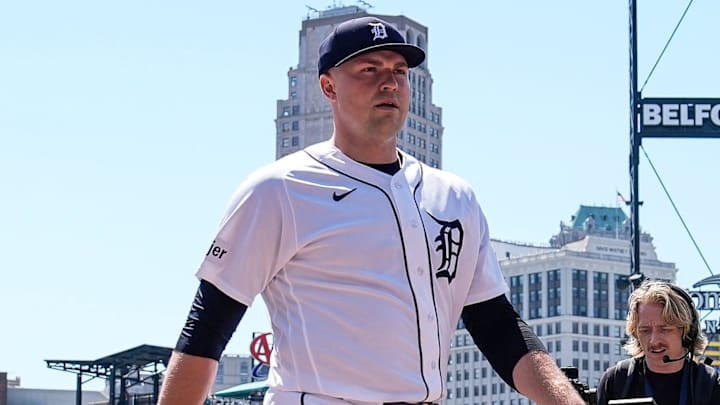 Detroit Tigers pitcher Tarik Skubal (29) walks towards the dugout after warm-up before the first pitch. 