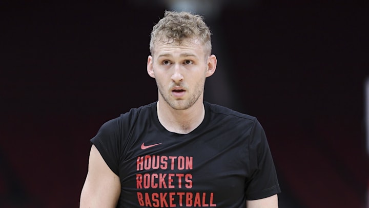 Mar 31, 2024; Houston, Texas, USA; Houston Rockets center Jock Landale (2) walks on the court before the game against the Dallas Mavericks at Toyota Center. Mandatory Credit: Troy Taormina-Imagn Images
