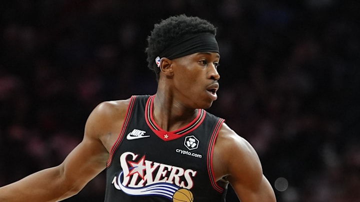 Apr 12, 2026; Philadelphia, Pennsylvania, USA; Philadelphia 76ers guard VJ Edgecombe (77) controls the ball against the Milwaukee Bucks in the fourth quarter at Xfinity Mobile Arena. Mandatory Credit: Kyle Ross-Imagn Images