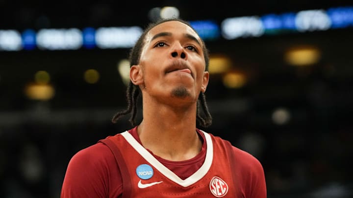 Mar 27, 2026; Chicago, IL, USA; Alabama Crimson Tide guard Labaron Philon Jr. (0) looks on after a Sweet Sixteen game of the Midwest Regional of the men's 2026 NCAA Tournament against the Michigan Wolverines at United Center. Mandatory Credit: David Banks-Imagn Images Mar 27, 2026; Chicago, IL, USA; Alabama Crimson Tide guard Labaron Philon Jr. (0) looks on after a Sweet Sixteen game of the Midwest Regional of the men's 2026 NCAA Tournament against the Michigan Wolverines at United Center. Mandatory Credit: David Banks-Imagn Images