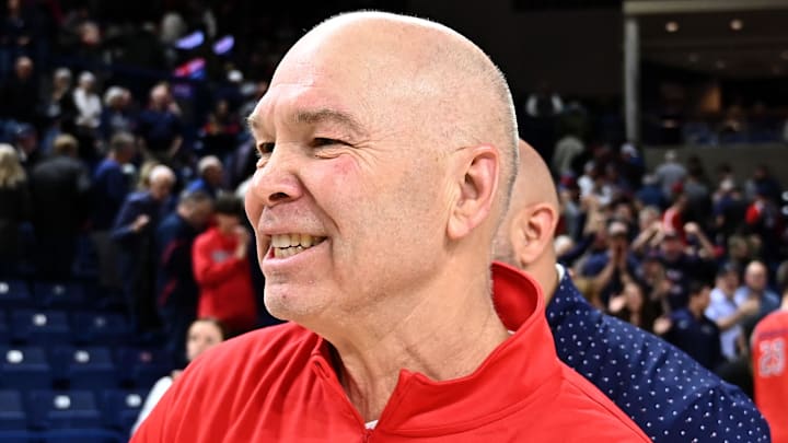 Feb 22, 2025; Spokane, Washington, USA; St. Mary's Gaels head coach Randy Bennett celebrates after a game against the Gonzaga Bulldogs at McCarthey Athletic Center. Mandatory Credit: James Snook-Imagn Images