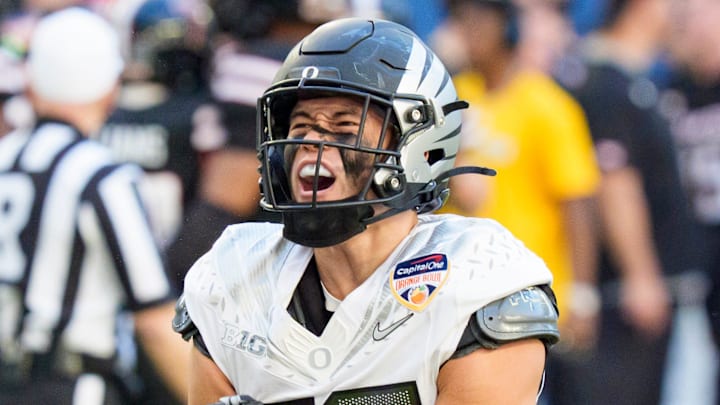 Oregon inside linebacker Will Straton celebrates as the Oregon Ducks take on the Texas Tech Red Raiders in the Orange Bowl on Jan. 1, 2026, at Hard Rock Stadium in Miami, Florida. Oregon inside linebacker Will Straton celebrates as the Oregon Ducks take on the Texas Tech Red Raiders in the Orange Bowl on Jan. 1, 2026, at Hard Rock Stadium in Miami, Florida.