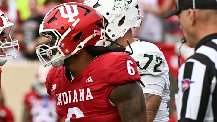 Indiana defensive lineman Mikail Kamara celebrates vs. Michigan State on Oct. 18, 2025, at Memorial Stadium.
