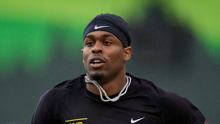 Oregon wide receiver Malik Benson carries the ball during Oregon Pro Day on March 17, 2026, at the Moshofsky Center in Eugene, Oregon.