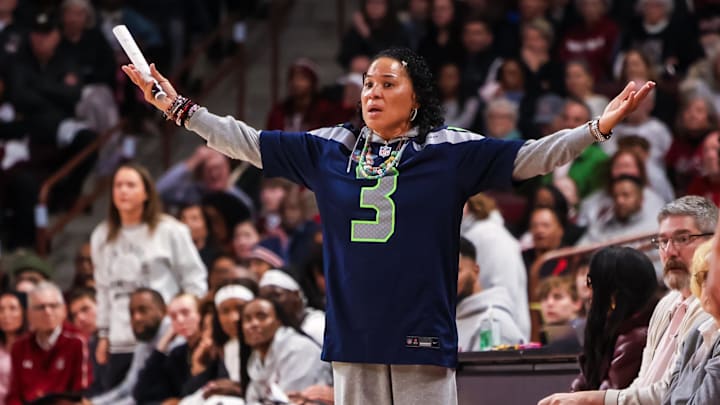 Feb 8, 2026; Columbia, South Carolina, USA; South Carolina Gamecocks head coach Dawn Staley disputes a call against the Tennessee Volunteers in the first half at Colonial Life Arena. Mandatory Credit: Jeff Blake-Imagn Images